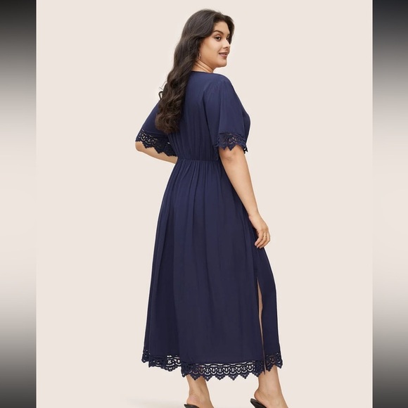 BloomChic Plus Size Solid Lace Panel Elastic Waist Split Hem Dress - Picture 2 of 7